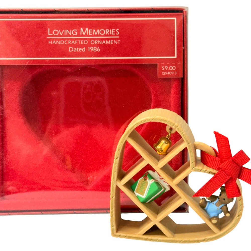 Vintage 1986 Hallmark Loving Memories Heart Shadow Box Teddy Bear Ornament